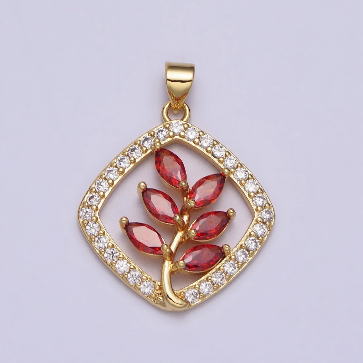 Gold Flower Leaves Plant Red Marquise Open Micro Paved CZ Rhombus Pendant | AA398 - DLUXCA