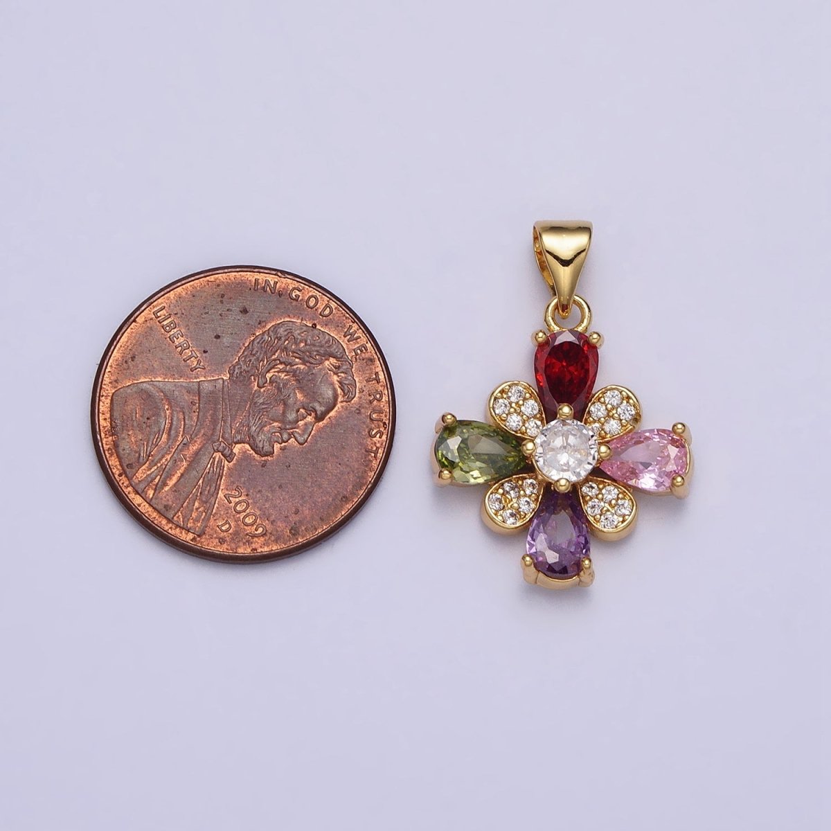 Gold Flower Multicolor Teardrop Micro Paved CZ Pendant | AA397 - DLUXCA