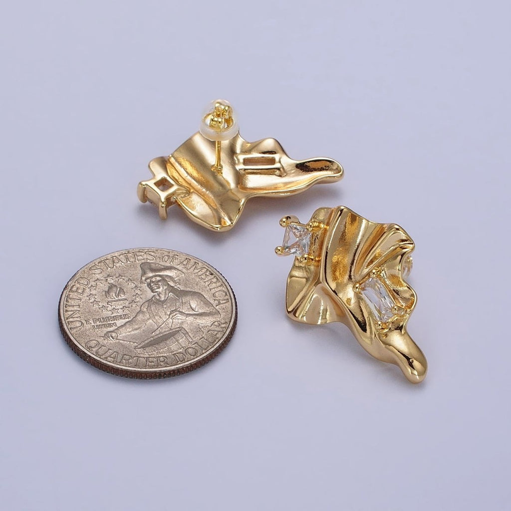 Gold Geometric Abstract Foil Clear CZ Square Baguette Stud Earrings | AB133 - DLUXCA