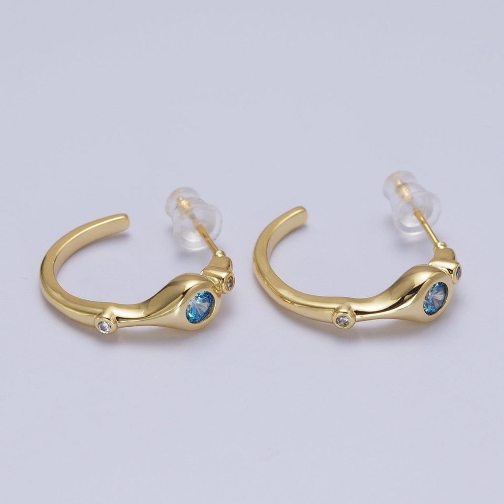 Gold Geometric Blue CZ Round Mini 20mm Stud Hoops Earrings | Y-199 - DLUXCA