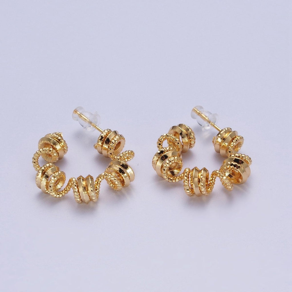 Gold Geometric Edged Spiral Coil Band C-Shaped Hoop Earrings | AE1020 - DLUXCA