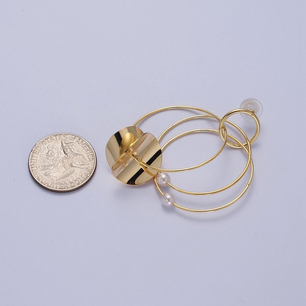 Gold Geometric Multiple Circle Hoop Pearl Drop Earrings | Y-151 - DLUXCA