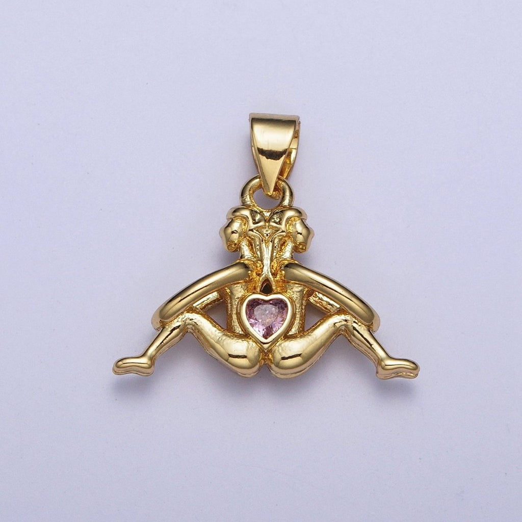 Gold Greek Myth of Soulmates Pendants, Lesbian Couple with Pink Heart Cubic Zirconia Between For Jewelry Making | X473 - DLUXCA