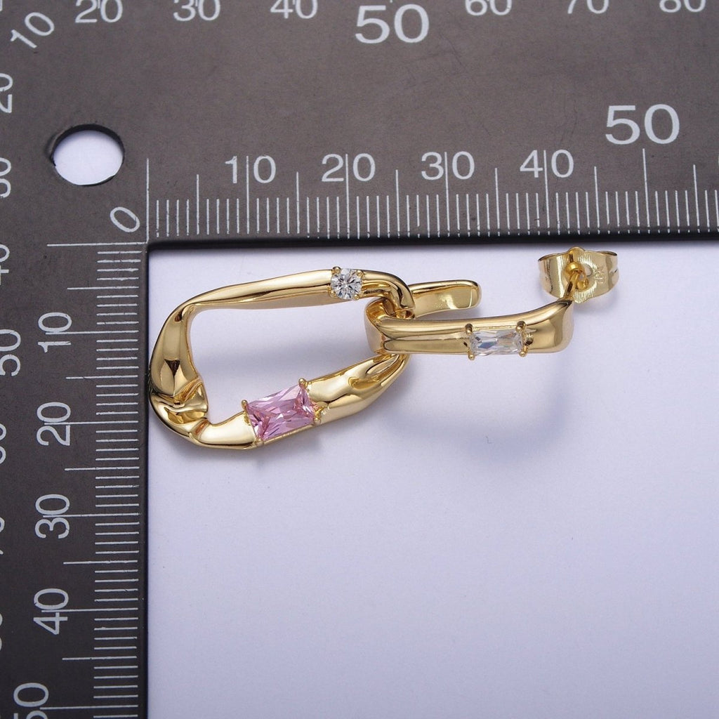 Gold Hammered J Shaped Hoop Abstract Baguette Cubic Zirconia Dangle Drop Stud Earrings | Y-060 - DLUXCA