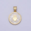 Gold Hamsa Hand White, Pink, Green, Teal Shell Opal Round Pendant H-807 I-760 I-792 I-828 - DLUXCA