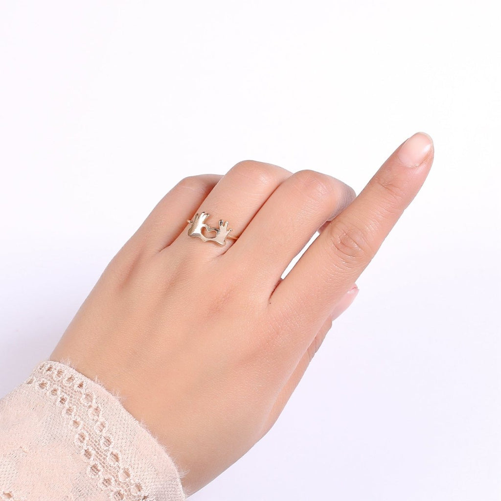 Gold Heart Hand Gesture Ring Heart Shaped Hands - Heart Sign - Heart Hands Ring- Hands Jewelry for Valentine Gift BFF friend R-245 - DLUXCA