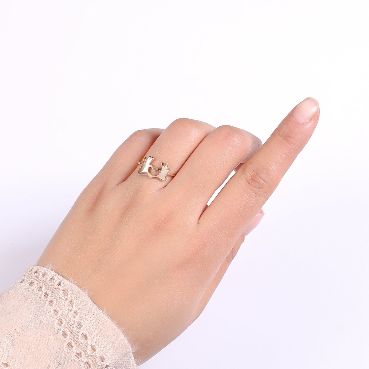 Gold Heart Hand Gesture Ring Heart Shaped Hands - Heart Sign - Heart Hands Ring- Hands Jewelry for Valentine Gift BFF friend R-245 - DLUXCA