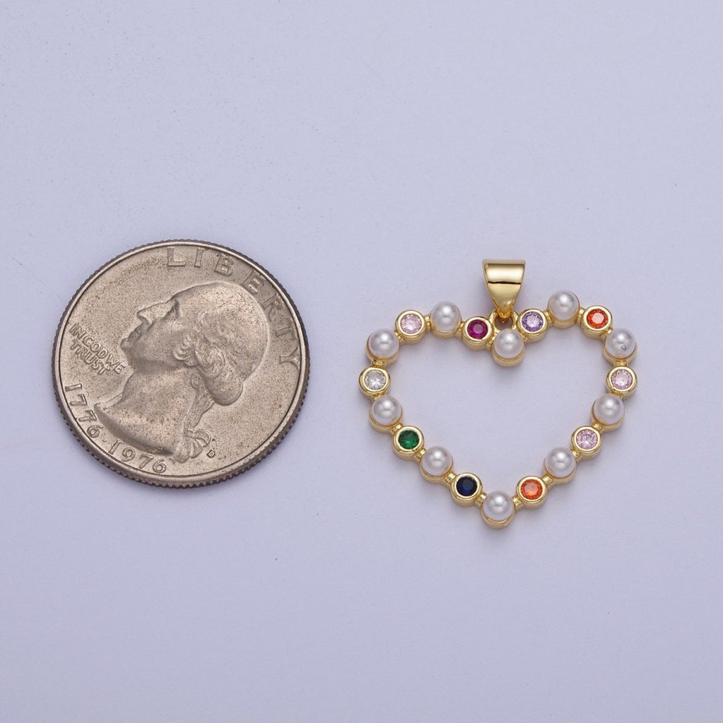 Gold Heart Round Pearl Multicolor Cubic Zirconia Pendant H-656 - DLUXCA