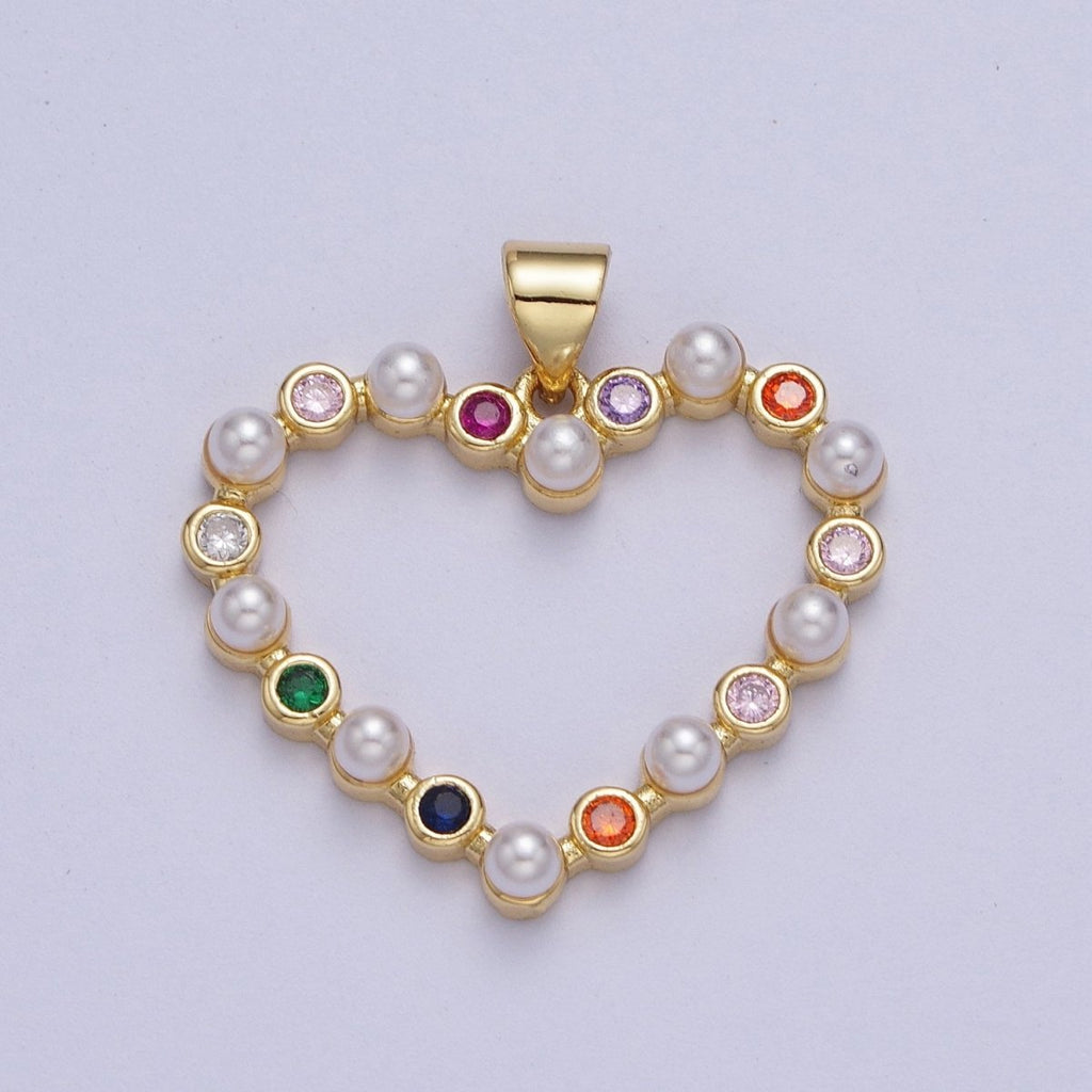 Gold Heart Round Pearl Multicolor Cubic Zirconia Pendant H-656 - DLUXCA