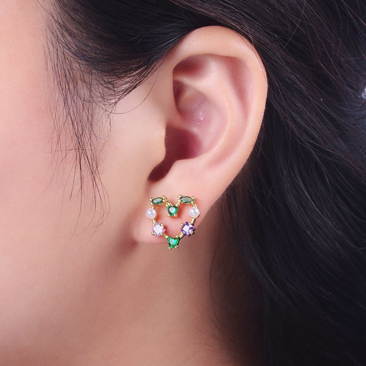 Gold Heart Shape Multi Color CZ Stud Earring Y-083 - DLUXCA