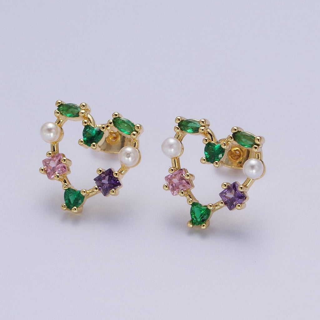Gold Heart Shape Multi Color CZ Stud Earring Y-083 - DLUXCA