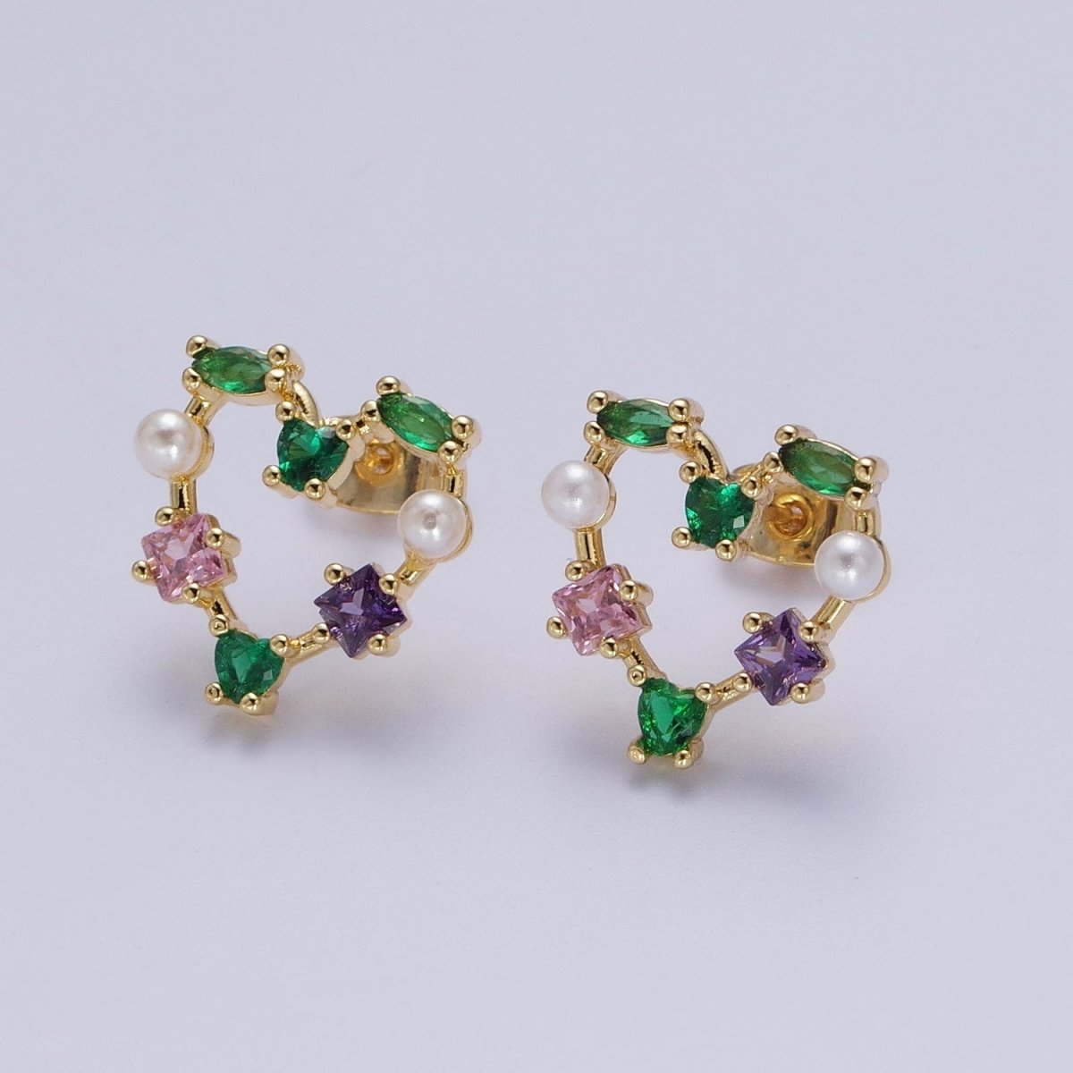 Gold Heart Shape Multi Color CZ Stud Earring Y-083 - DLUXCA