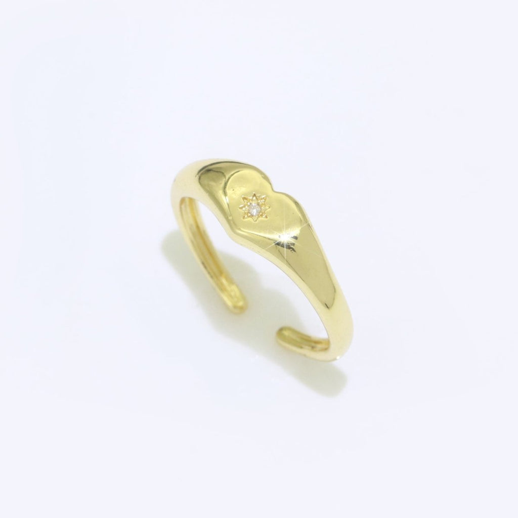 Gold Heart Signet Ring Open Adjustable Ring CZ Polaris Star burst Stackable Chunky Bold Celestial Ring Jewelry Gift, S-109 - DLUXCA