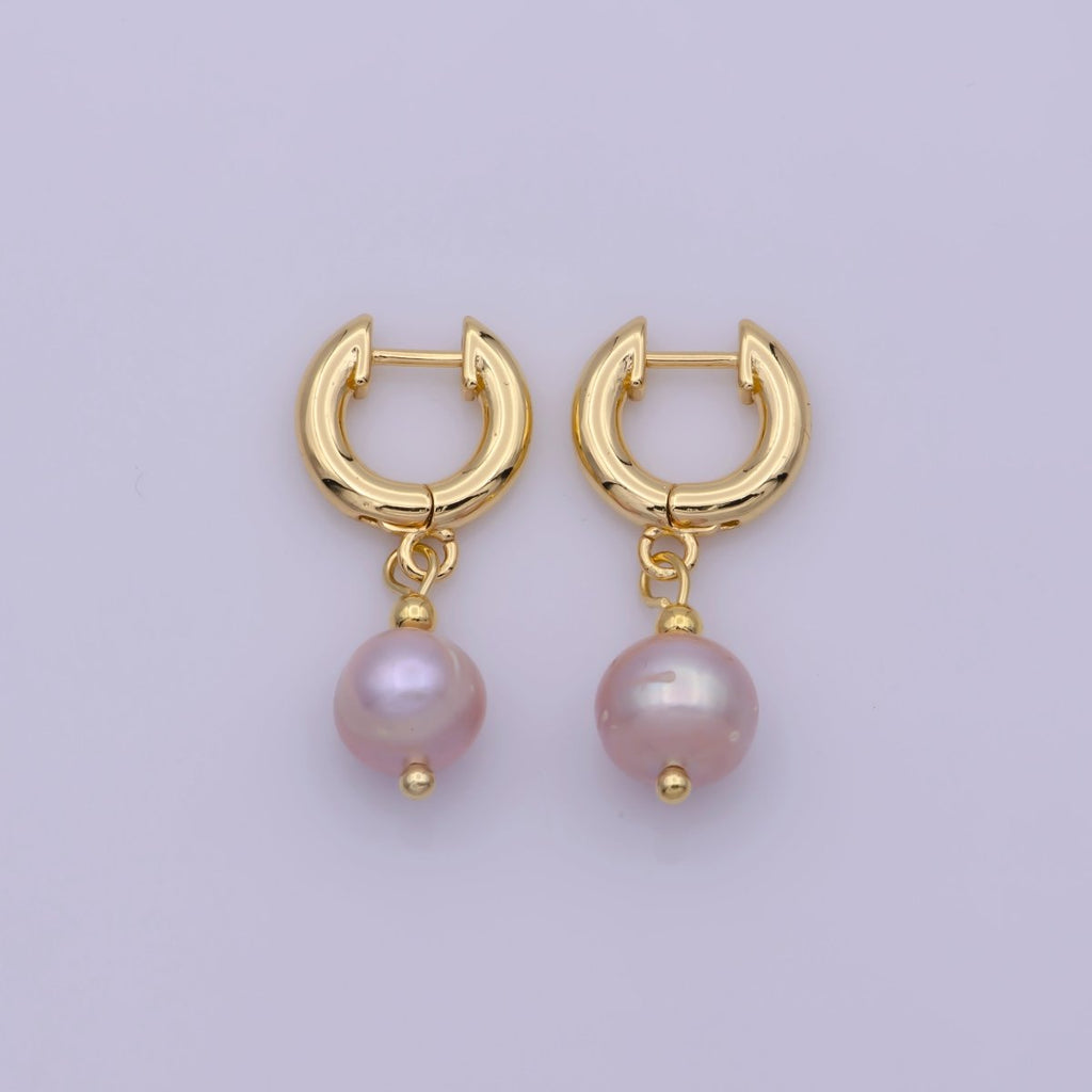 Gold Huggie Pink Pearl Earrings Freshwater, Dangle Champagne Pearl Earrings Round Blush Pink Wedding Jewelry Bridesmaids T-241 - DLUXCA