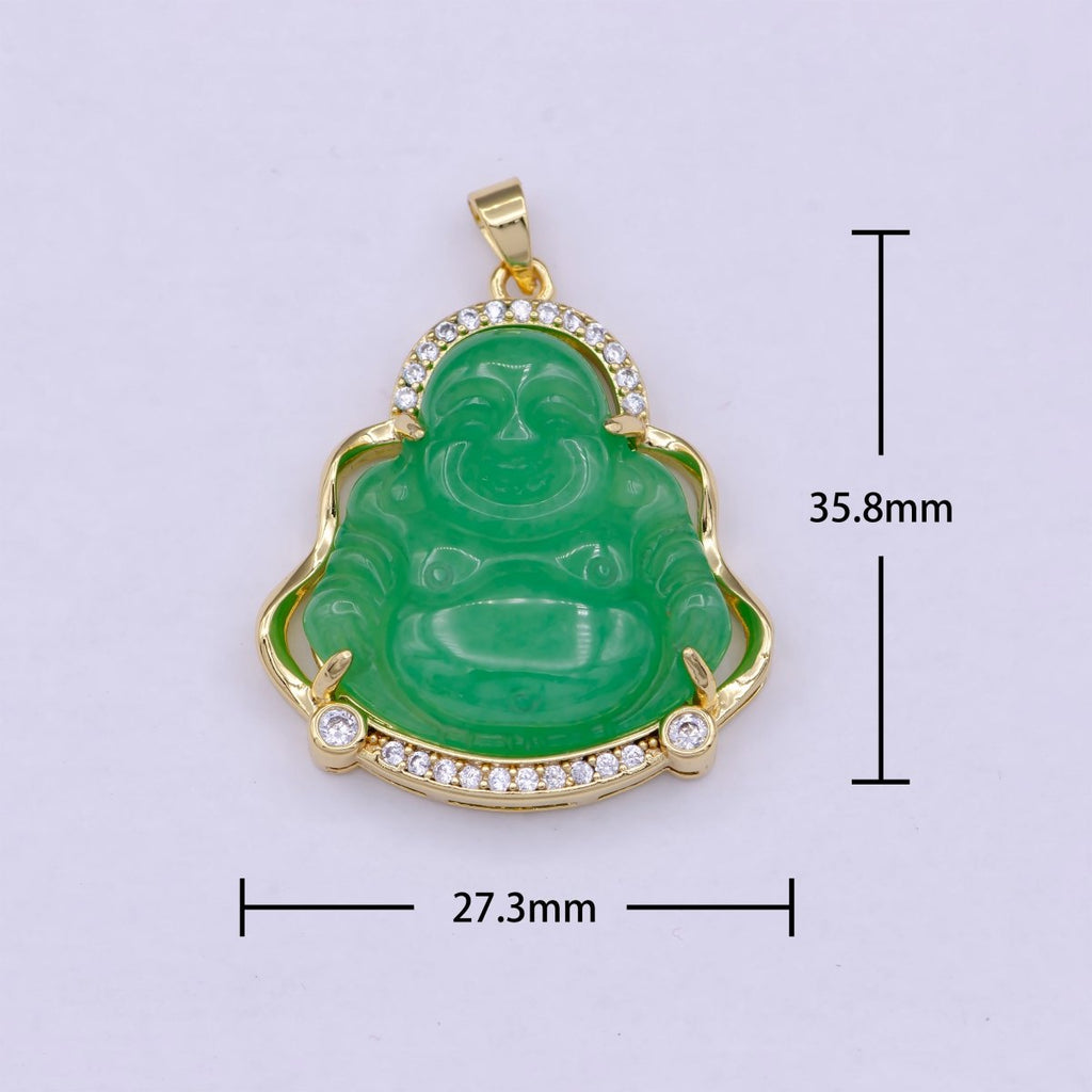 Gold Jade Buddha Pendant Micro Pave Bezel Natural Stone Laughing Buddha Jade Gold plated Pendant, O-104 - DLUXCA