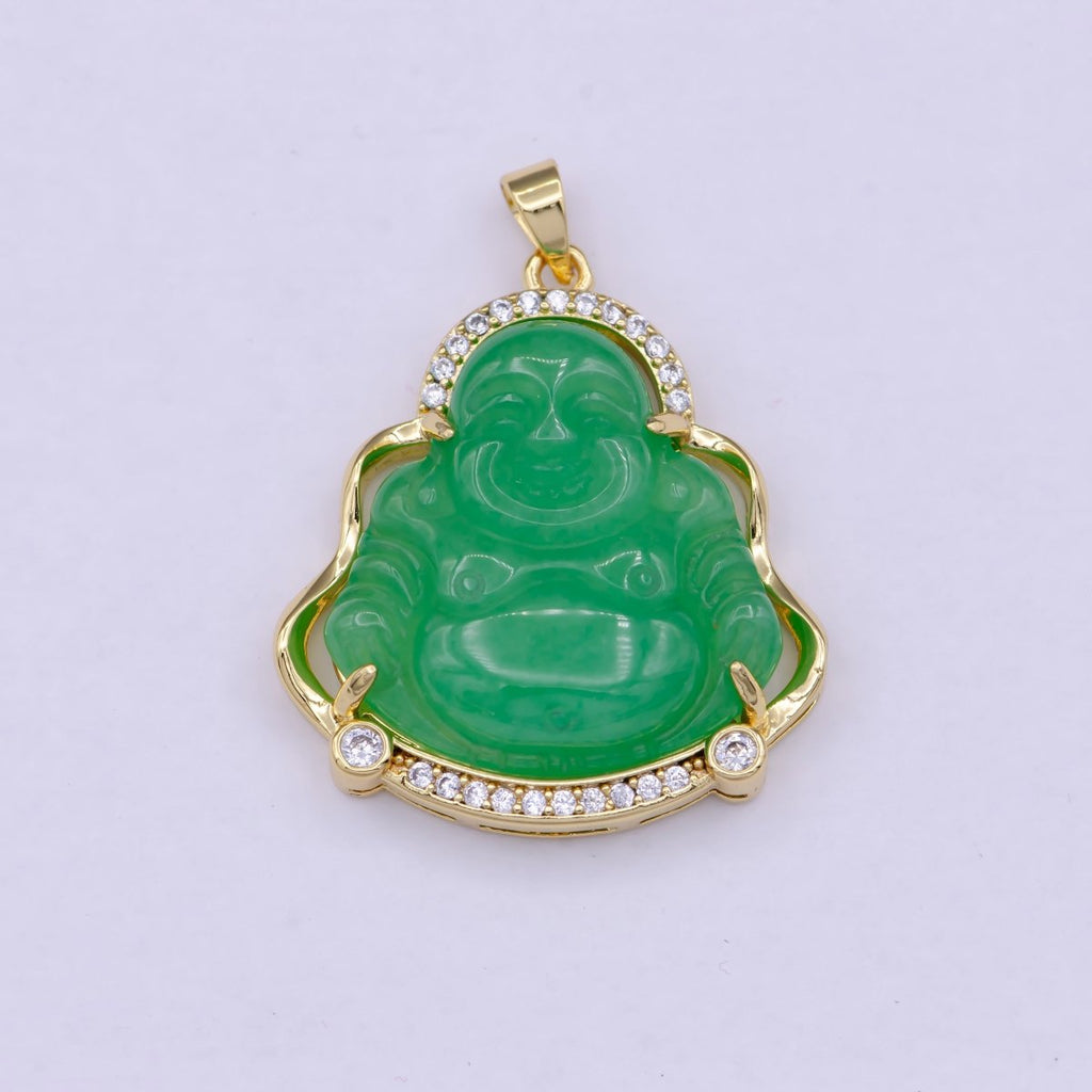 Gold Jade Buddha Pendant Micro Pave Bezel Natural Stone Laughing Buddha Jade Gold plated Pendant, O-104 - DLUXCA