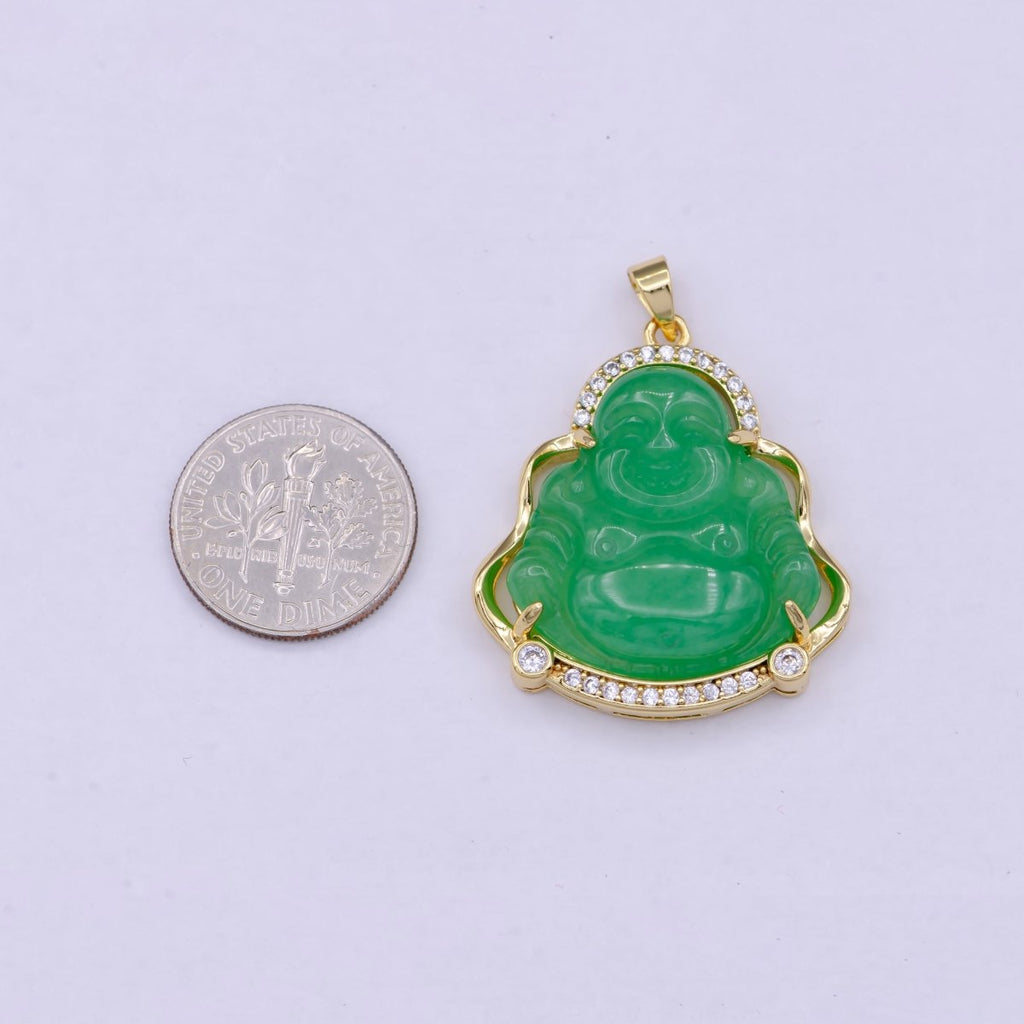 Gold Jade Buddha Pendant Micro Pave Bezel Natural Stone Laughing Buddha Jade Gold plated Pendant, O-104 - DLUXCA