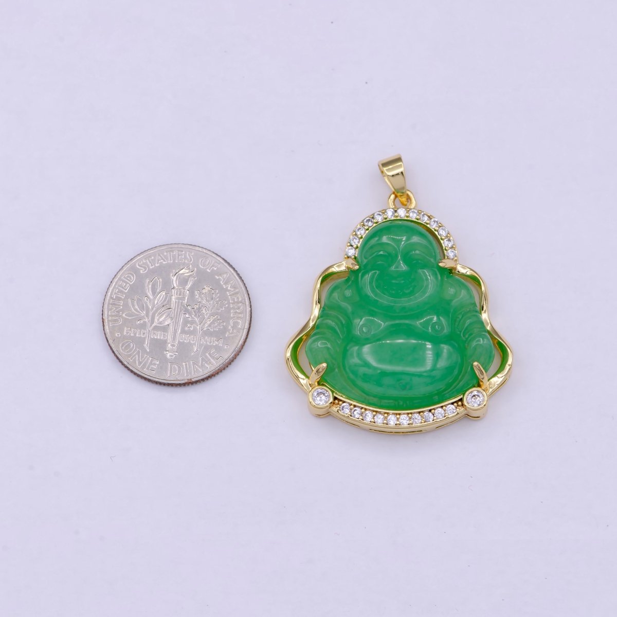 Gold Jade Buddha Pendant Micro Pave Bezel Natural Stone Laughing Buddha Jade Gold plated Pendant, O-104 - DLUXCA
