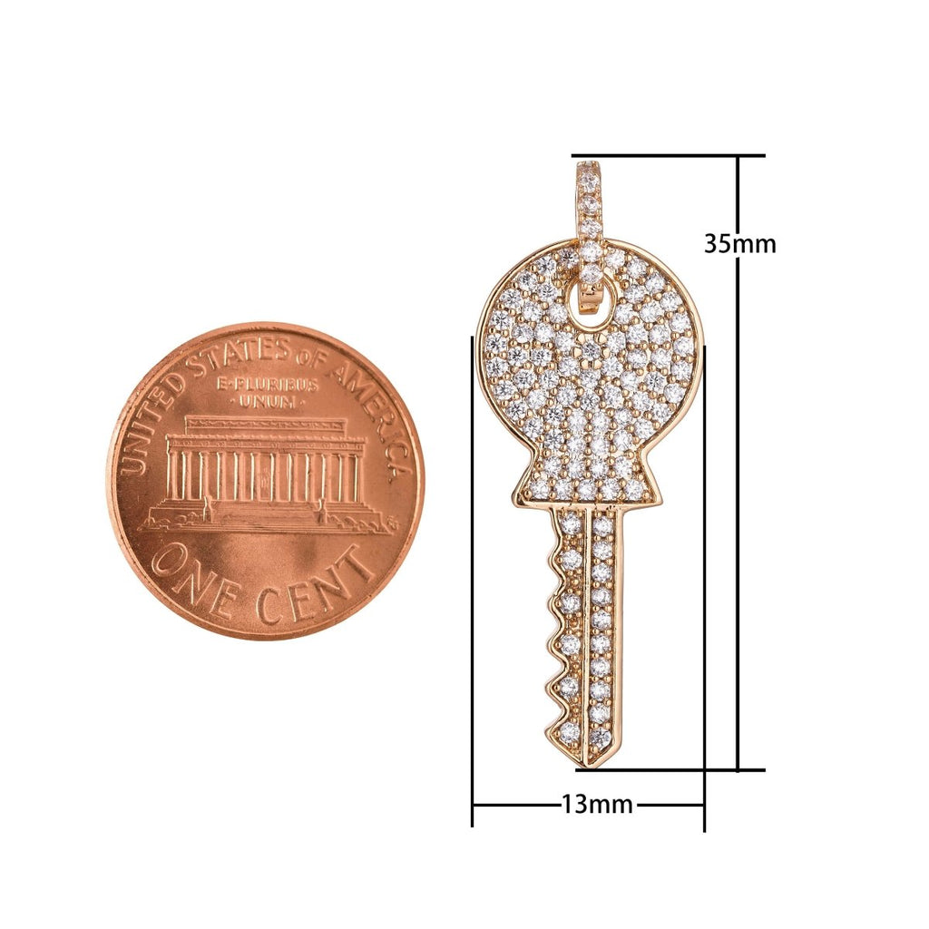 Gold Key Charm, Micro Pave CZ Charm, 18K Gold plated Pendant Dainty Diamond Key Necklace Charm for Jewelry Making H-892 - DLUXCA