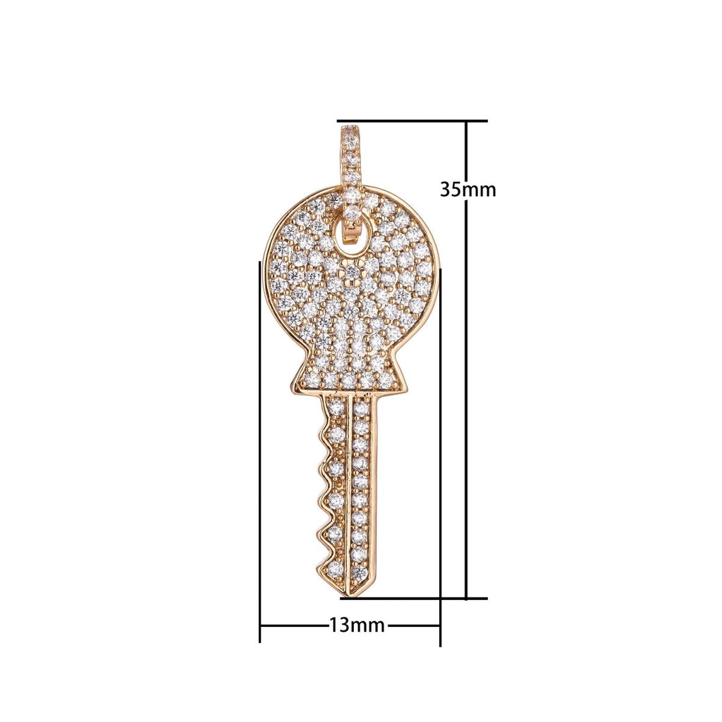 Gold Key Charm, Micro Pave CZ Charm, 18K Gold plated Pendant Dainty Diamond Key Necklace Charm for Jewelry Making H-892 - DLUXCA