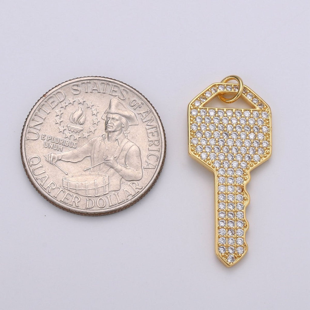 Gold Key CZ Micro Pave Charm Pendant, Key Charm, Key Pendant, Key Necklace, Charm Bracelet, Cubic Zirconia, Charm, 34x15mm D-340 - DLUXCA