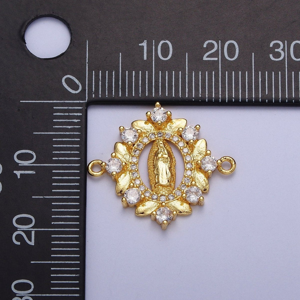 Gold Lady Guadalupe Floral Wreath Cubic Zirconia Connector Findings | G-558 - DLUXCA
