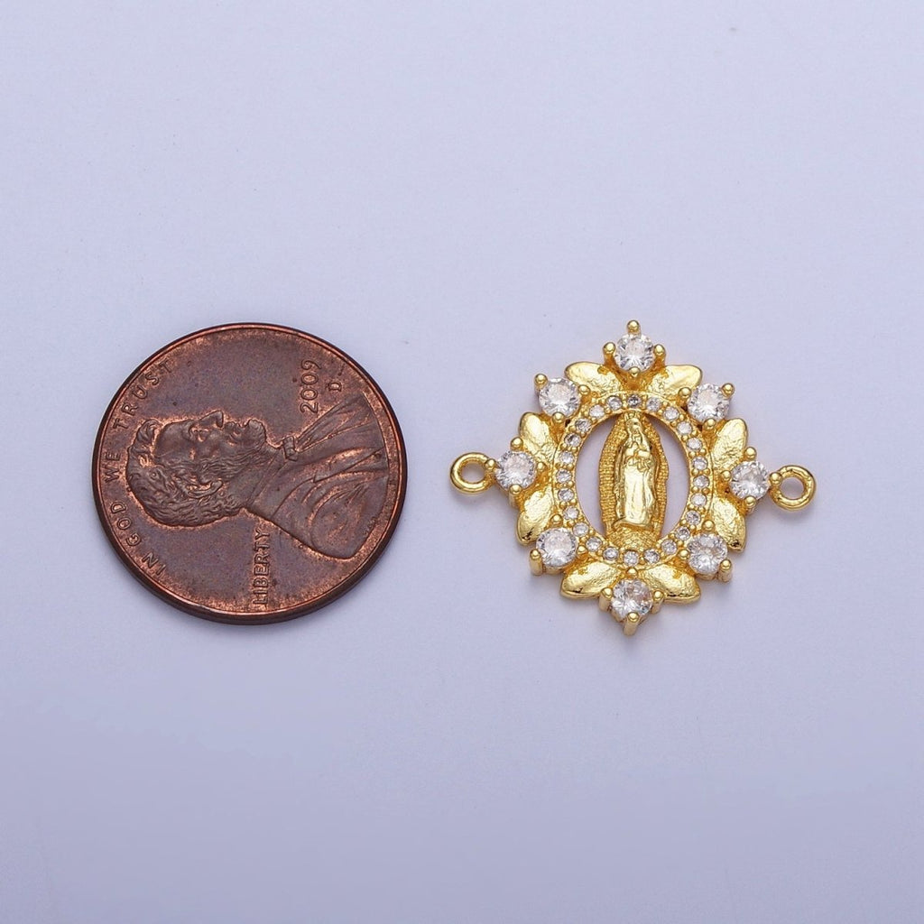 Gold Lady Guadalupe Floral Wreath Cubic Zirconia Connector Findings | G-558 - DLUXCA