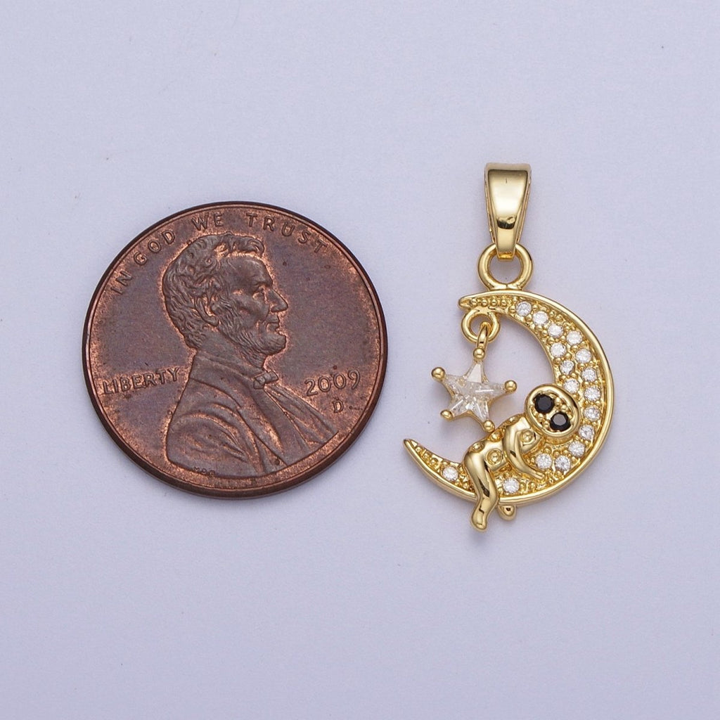 Gold Man on the Crescent Moon with Star CZ Celestial Pendant For DIY Jewelry Making | X-670 - DLUXCA