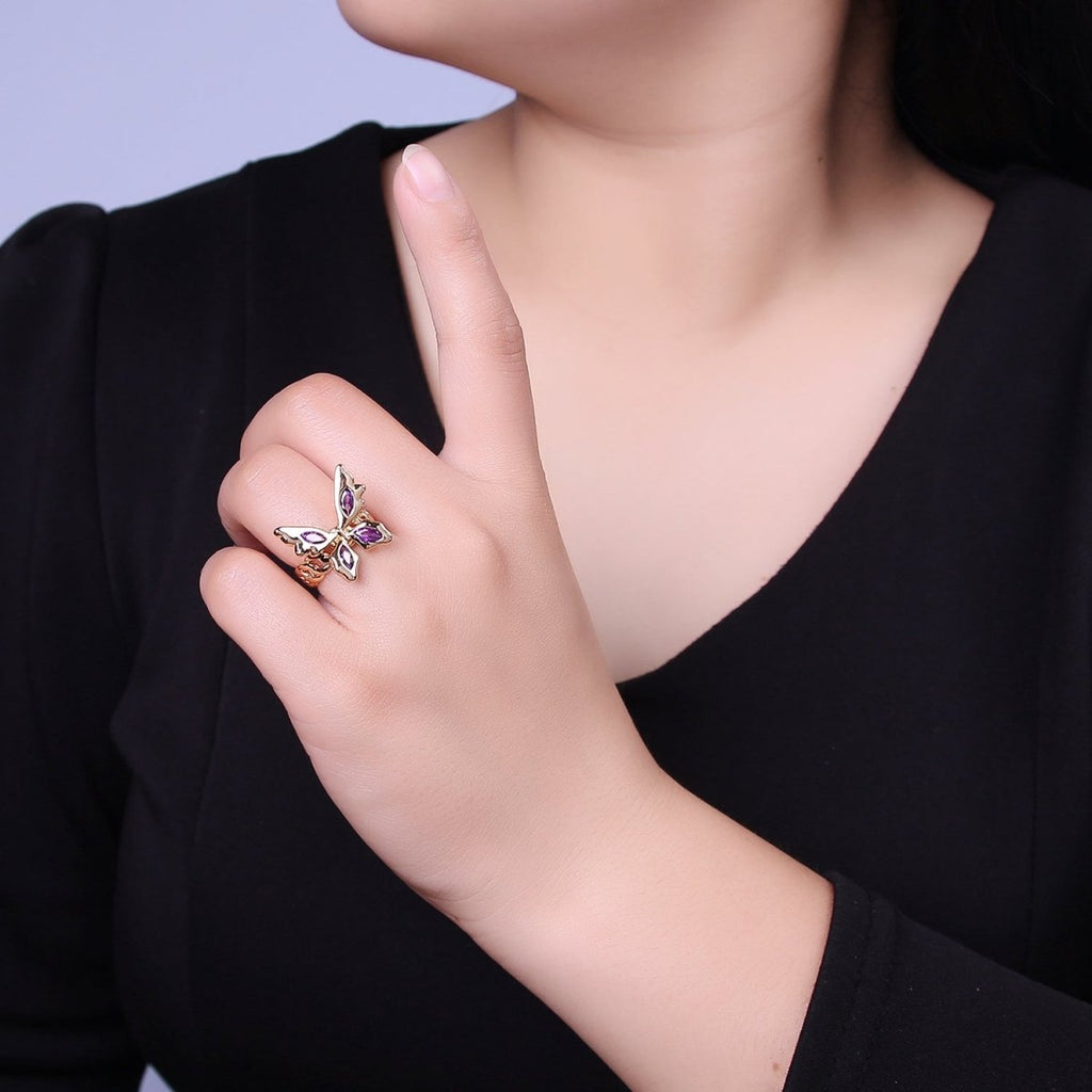 Gold Mariposa Ring Purple Butterfly Rig in 18k Gold plated Band Statement Jewelry O-2077 - DLUXCA
