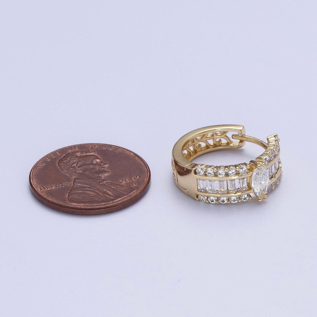 Gold Marquise Hoops Medium Huggie CZ Diamond Earrings • Dainty Hoops for your Earring Y-071 - DLUXCA