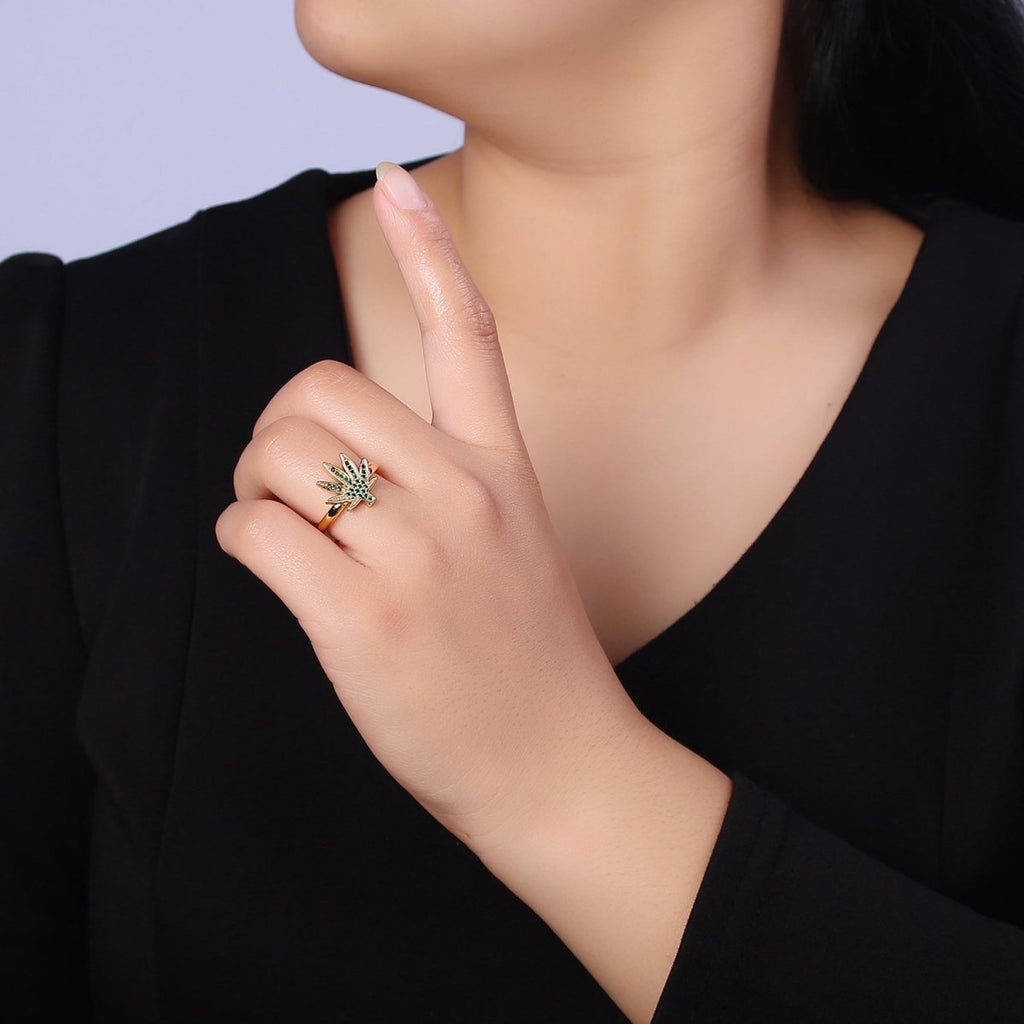 Gold Mary Jane Ring Green Weed Ring Open Adjustable Ring O-2159 - DLUXCA