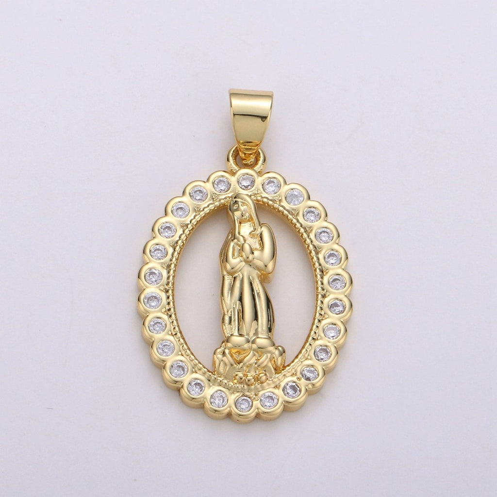 Gold Medallion Charm 14k Gold plated CZ Virgin Mary Pendant, Lady Guadalupe Cubic Zirconia Charm, Mother of Jesus Religious Jewelry I-701 - DLUXCA