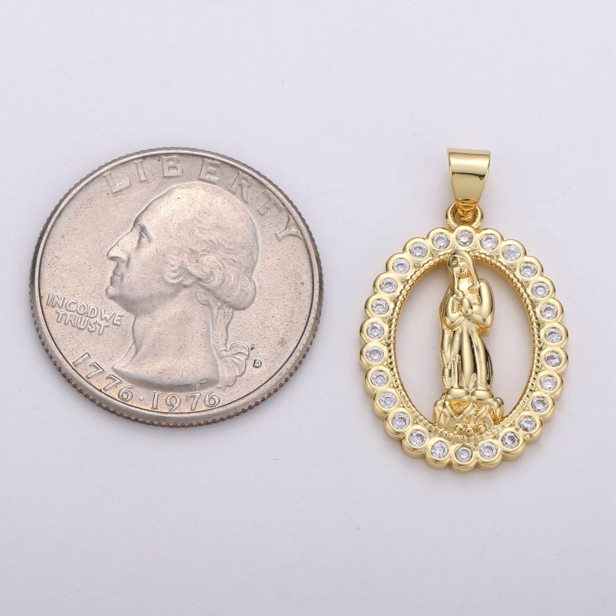 Gold Medallion Charm 14k Gold plated CZ Virgin Mary Pendant, Lady Guadalupe Cubic Zirconia Charm, Mother of Jesus Religious Jewelry I-701 - DLUXCA