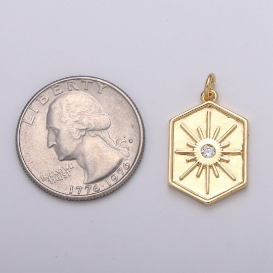 Gold Medallion Charm 14k Gold plated Hexagon Pendant Gold Sunburst Charm Necklace Boho Chic Gold Geometric Necklace Celestial Jewelry Charm E-220 - DLUXCA
