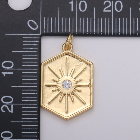 Gold Medallion Charm 14k Gold plated Hexagon Pendant Gold Sunburst Charm Necklace Boho Chic Gold Geometric Necklace Celestial Jewelry Charm E-220 - DLUXCA