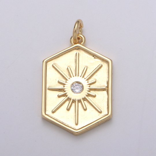 Gold Medallion Charm 14k Gold plated Hexagon Pendant Gold Sunburst Charm Necklace Boho Chic Gold Geometric Necklace Celestial Jewelry Charm E-220 - DLUXCA