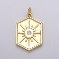 Gold Medallion Charm 14k Gold plated Hexagon Pendant Gold Sunburst Charm Necklace Boho Chic Gold Geometric Necklace Celestial Jewelry Charm E-220 - DLUXCA