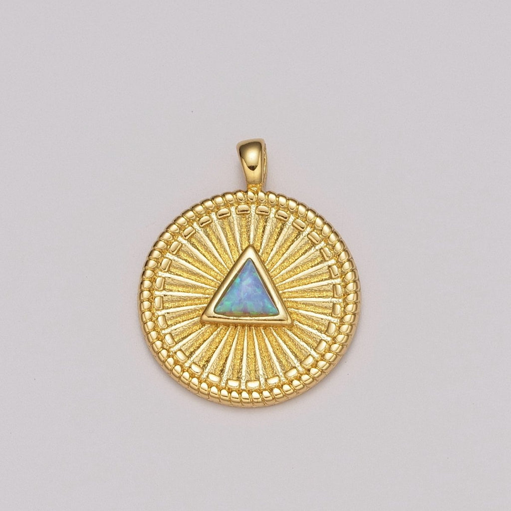 Gold Medallion Charm, Opal Triangle Coin Charm SunBurst Geometric Amulet Layering Necklace charm N-1438, N-1483