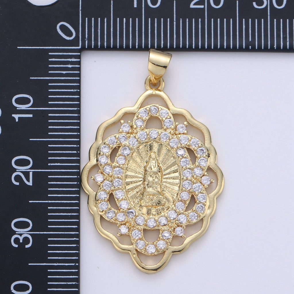 Gold Medallion Virgin Mary Pendant Sun Burst Pendant Round Coin Pendant in 24K Gold plated Religious Jewelry Charm Pendant for Necklace I-640 - DLUXCA