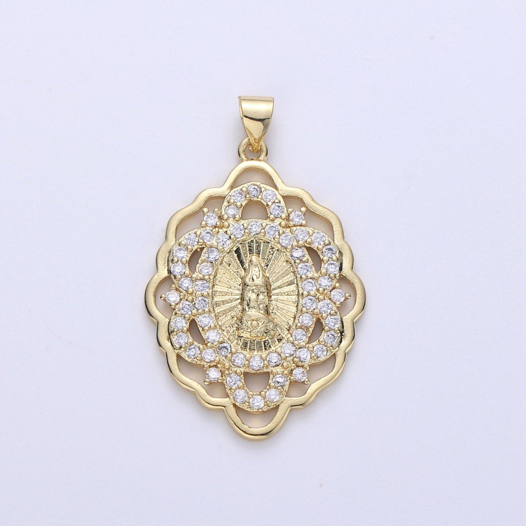 Gold Medallion Virgin Mary Pendant Sun Burst Pendant Round Coin Pendant in 24K Gold plated Religious Jewelry Charm Pendant for Necklace I-640 - DLUXCA