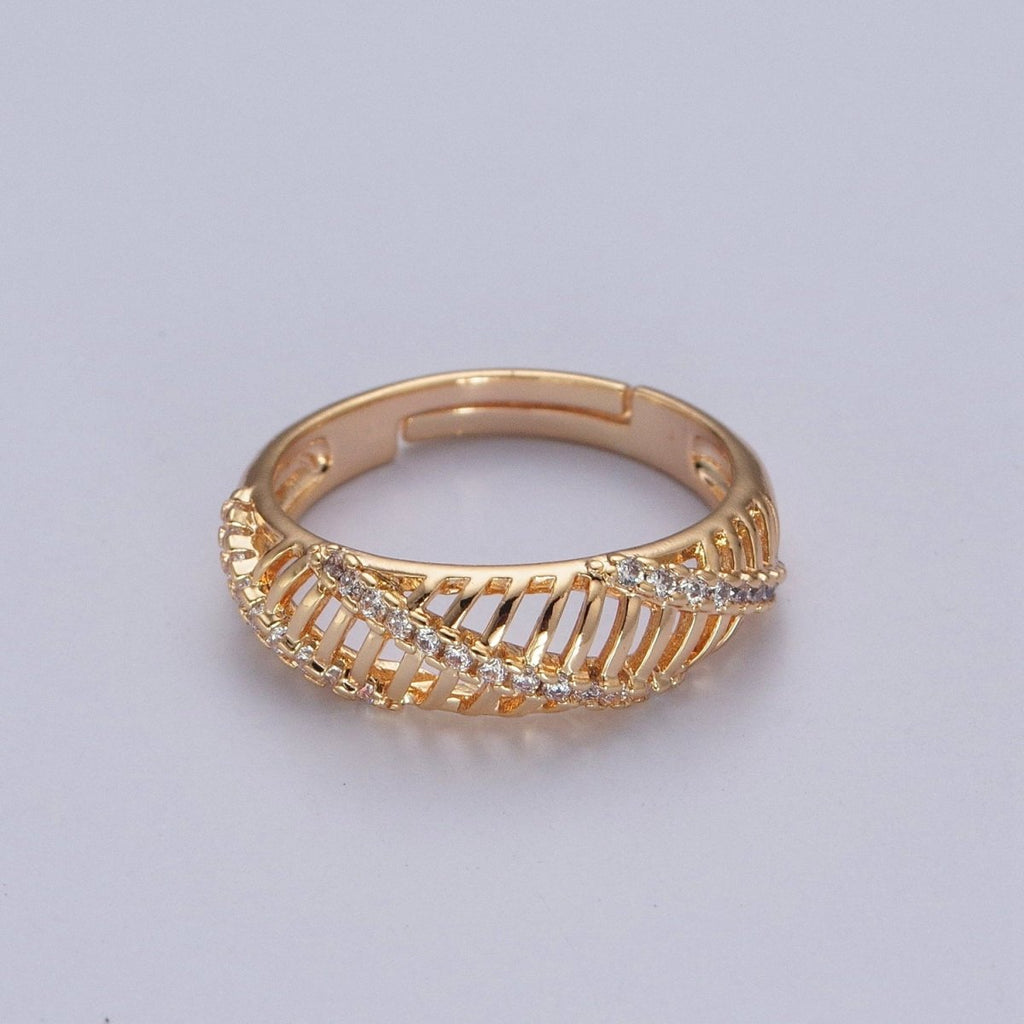 Gold Micro Pave Cubic Zirconia Open Bar Adjustable Ring R-533 - DLUXCA