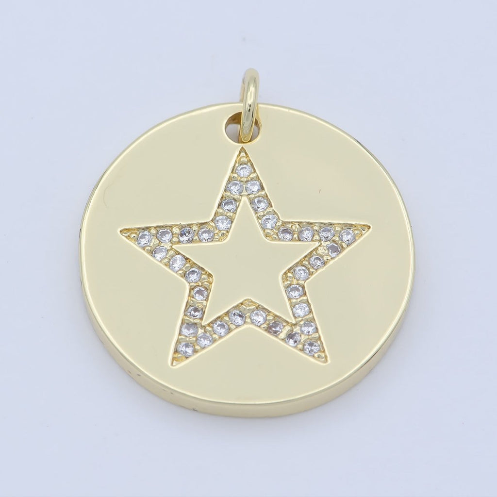 Gold Micro Pave CZ Star Charm, Cubic Galaxy Micro Pave CZ Pendant, Coin Pendant, Celestial Jewelry M-355 - DLUXCA