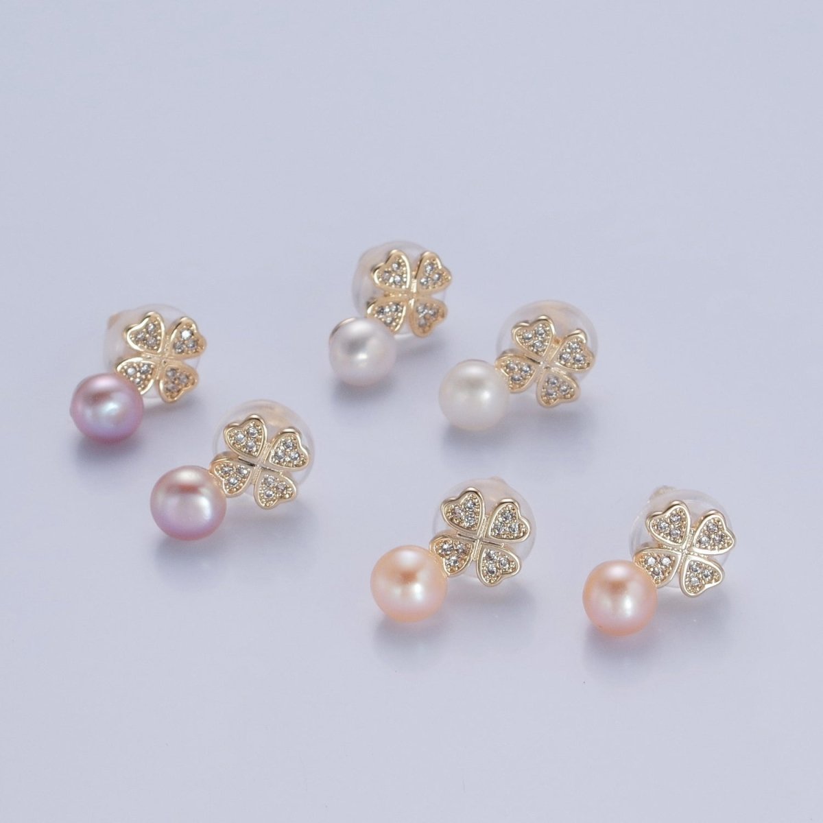 Gold White, Purple, Pink Shell Pearl Micro Paved CZ Clover Stud Earrings |  V379 - V381