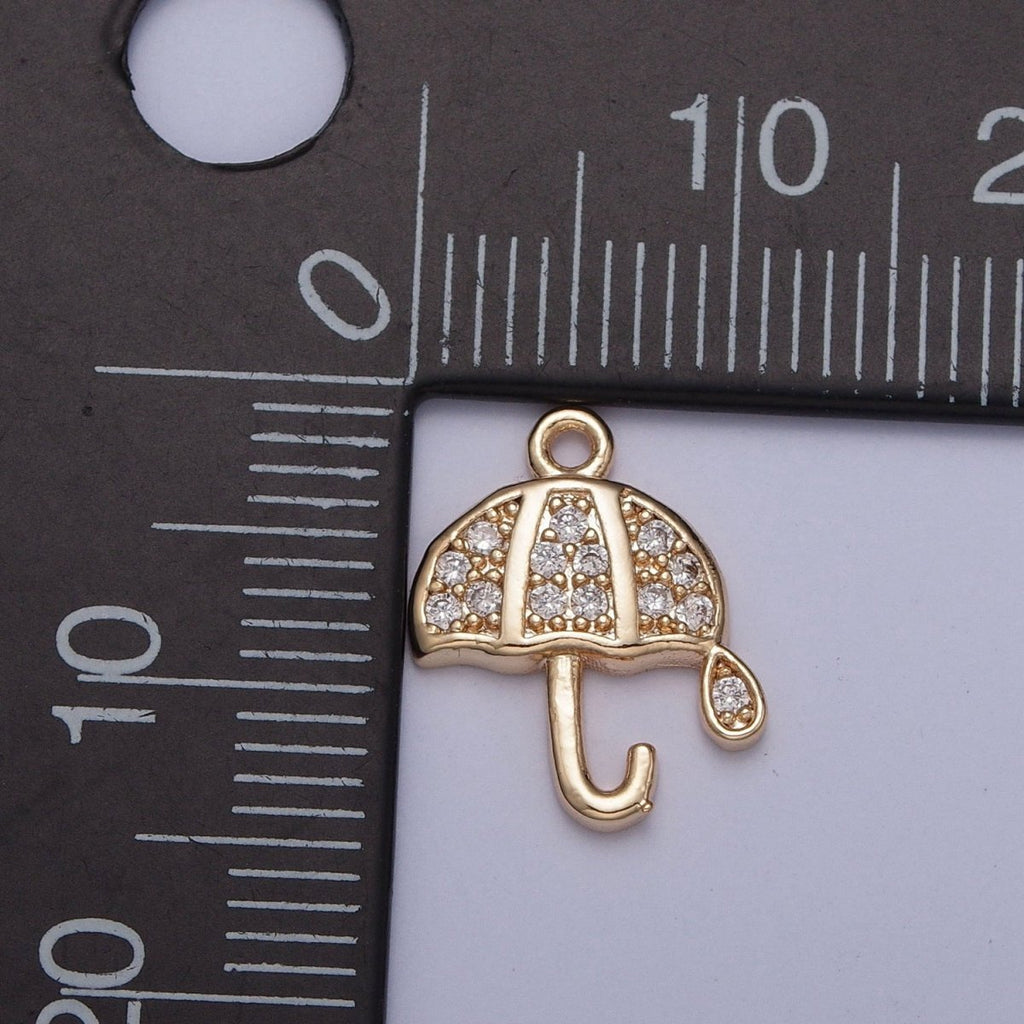 Gold Micro Paved Cubic Zirconia Umbrella Rainy Weather Charm Jewelry Component | X-226 - DLUXCA