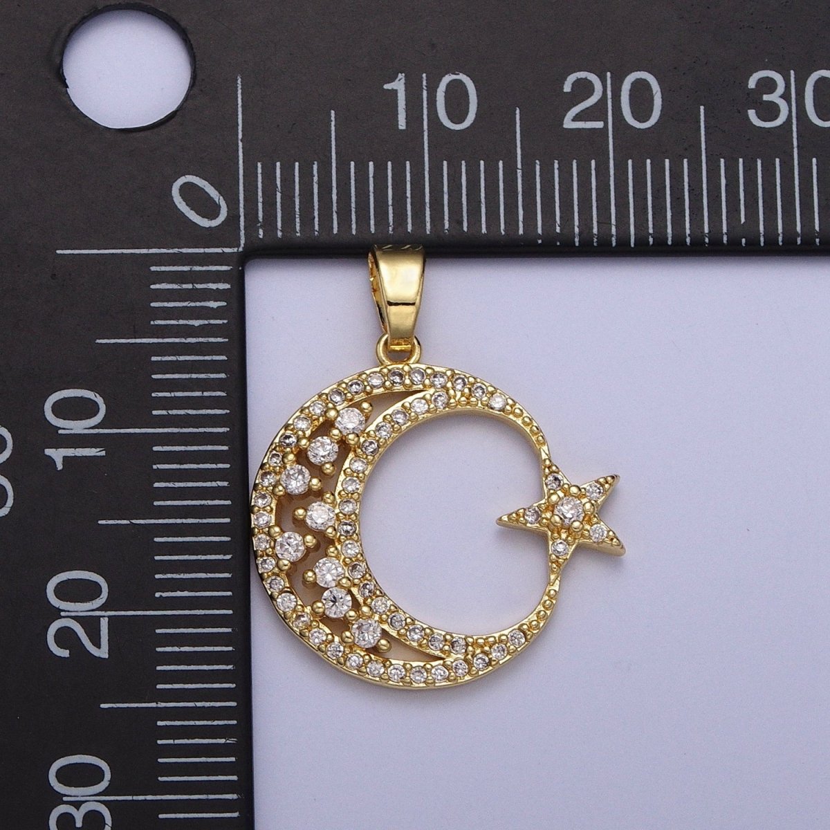 Gold Micro Paved CZ Celestial Crescent Moon Star Pendant H - 834 - DLUXCA