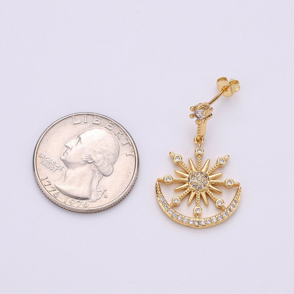 Gold Micro Paved CZ Celestial Sun Moon Stars Cubic Zirconia Dangle Stud Earrings | K-470 - DLUXCA