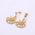 Gold Micro Paved CZ Celestial Sun Moon Stars Cubic Zirconia Dangle Stud Earrings | K-470 - DLUXCA