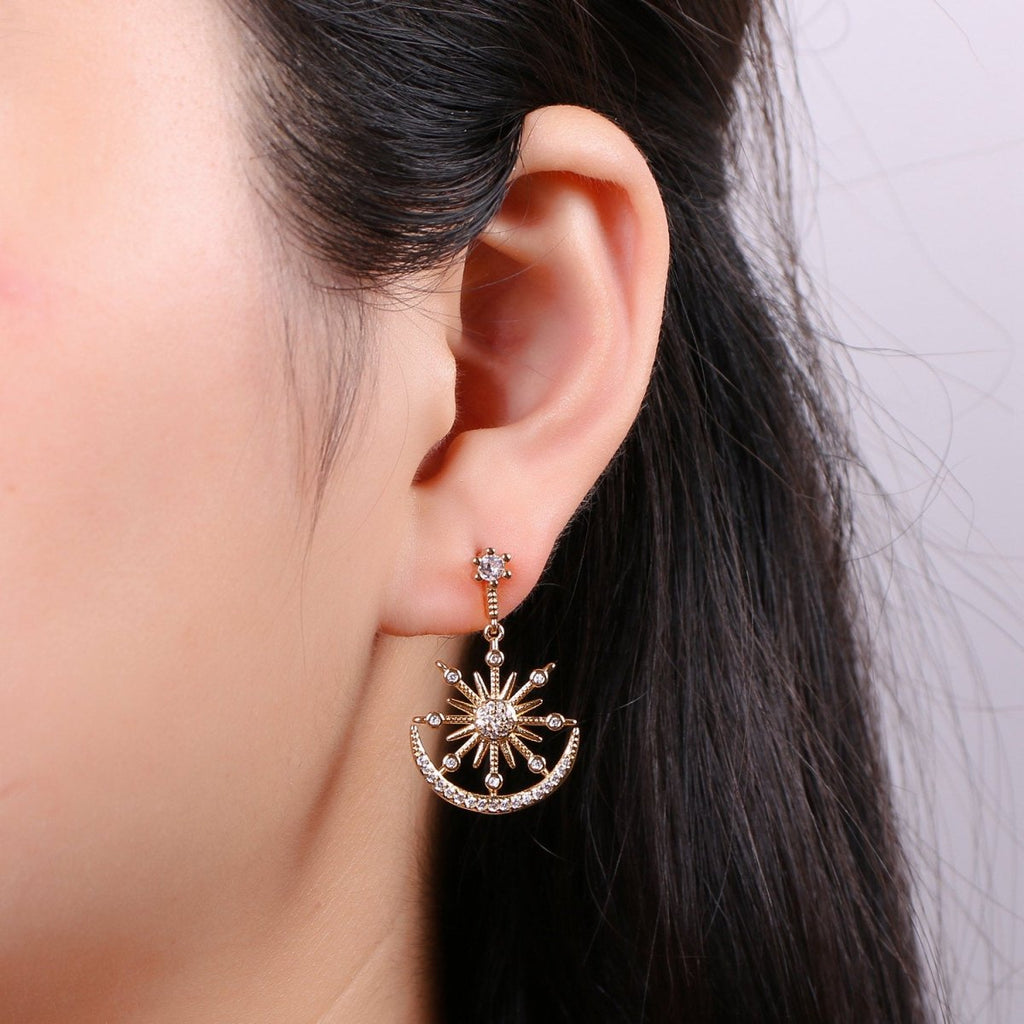 Gold Micro Paved CZ Celestial Sun Moon Stars Cubic Zirconia Dangle Stud Earrings | K-470 - DLUXCA