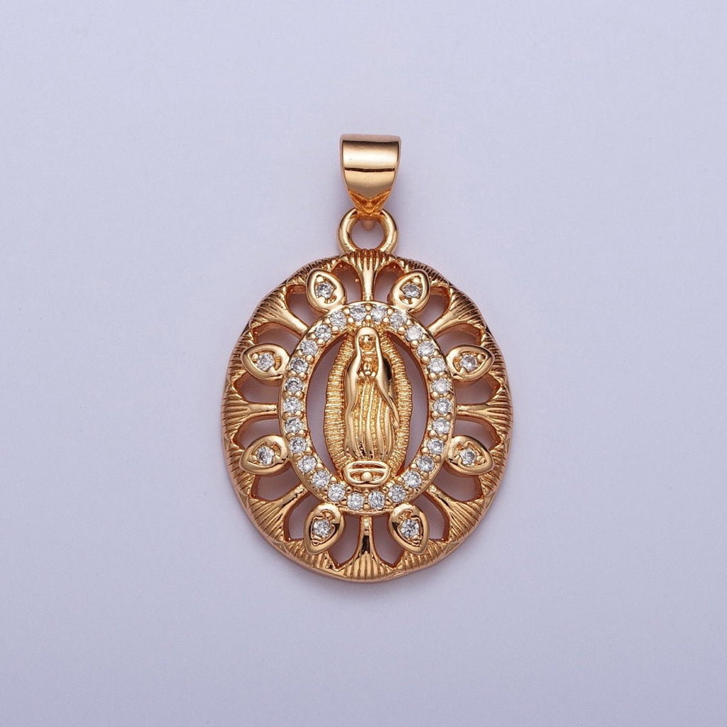Gold Micro Paved CZ Lady Guadalupe Oval Medallion Pendant For DIY Religious Jewelry Making H-140 - DLUXCA