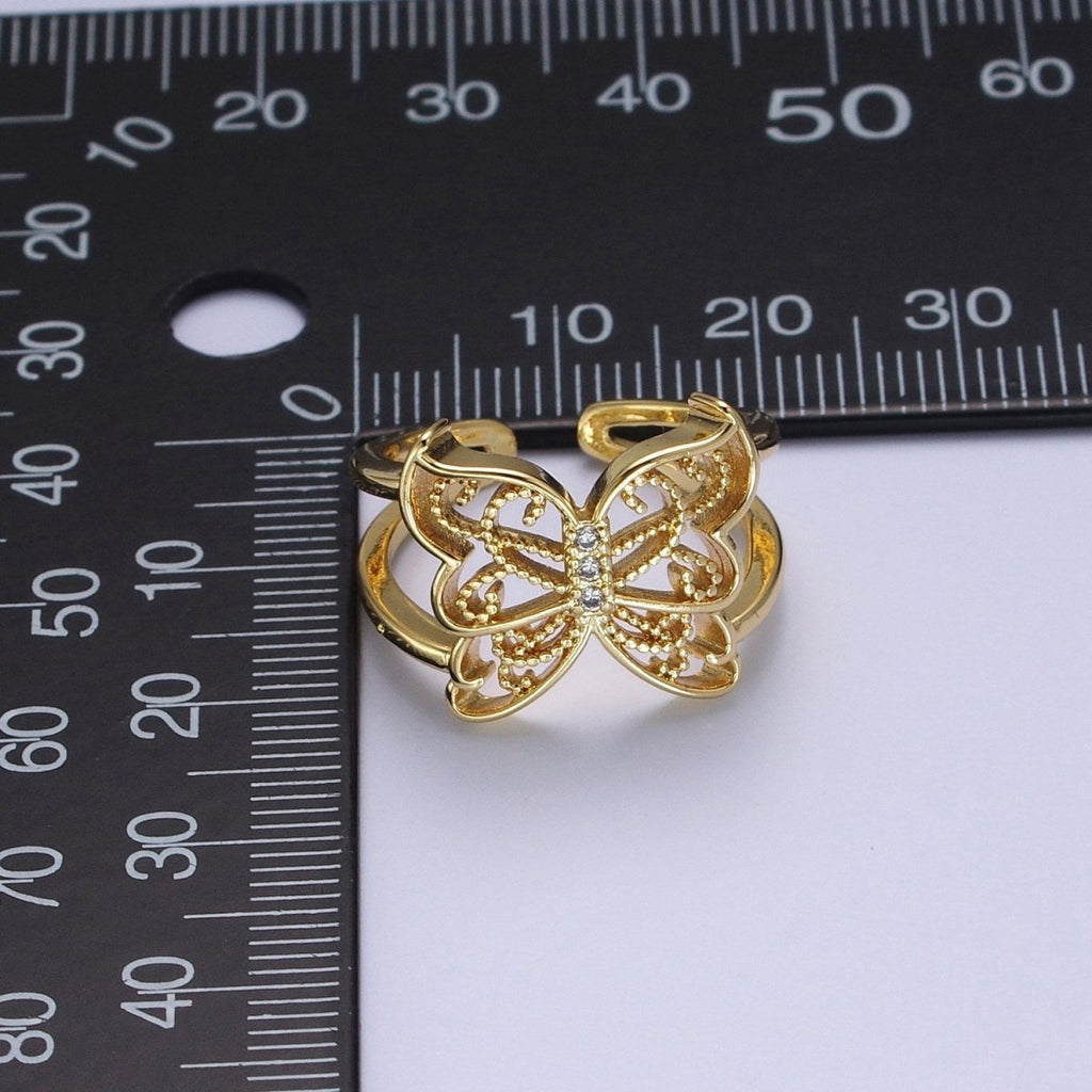 Gold Micro Paved CZ Mariposa Butterfly Engraved Wings Double Band Statement Ring | O-1984 - DLUXCA